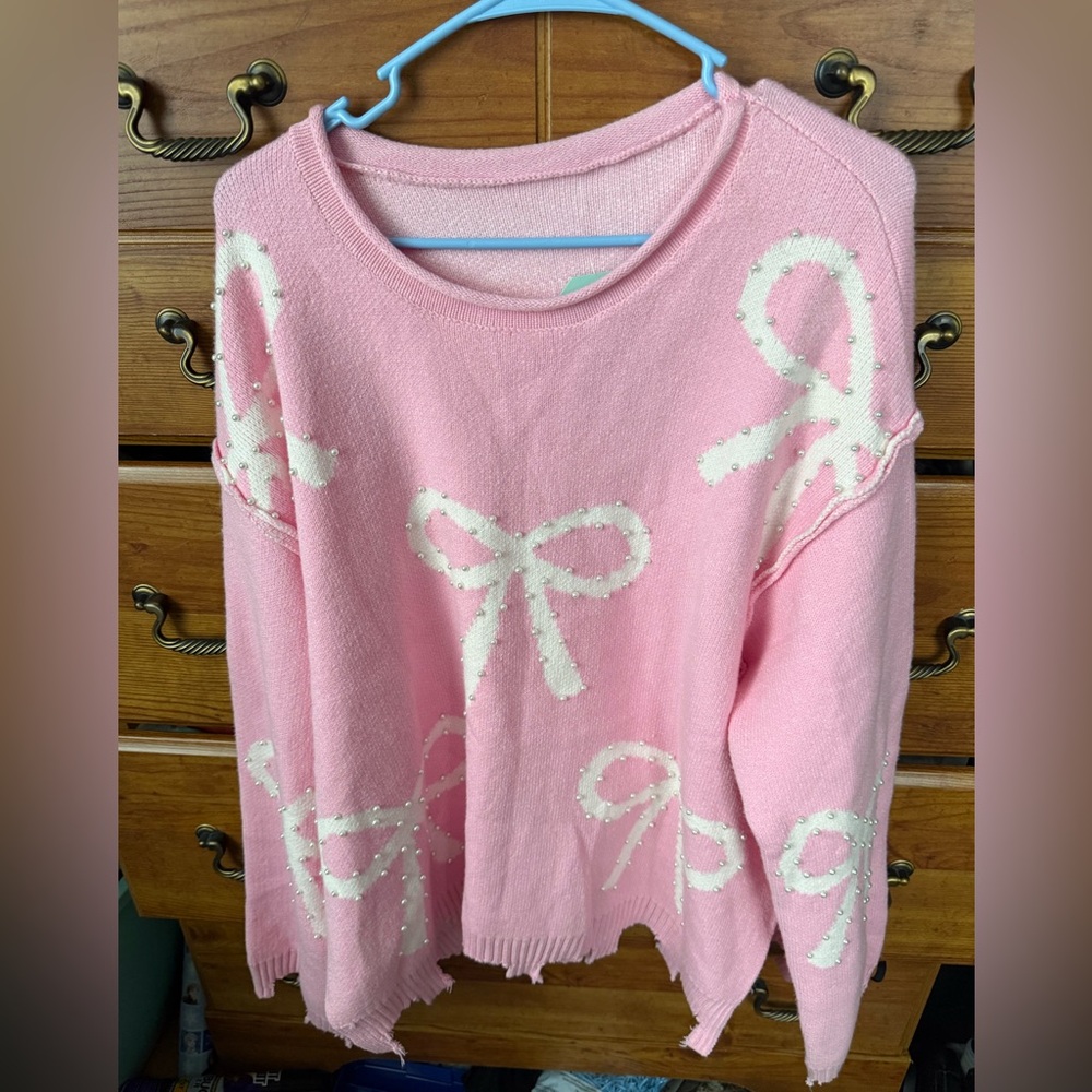 Pink Bow Sweater with Pearl Accents